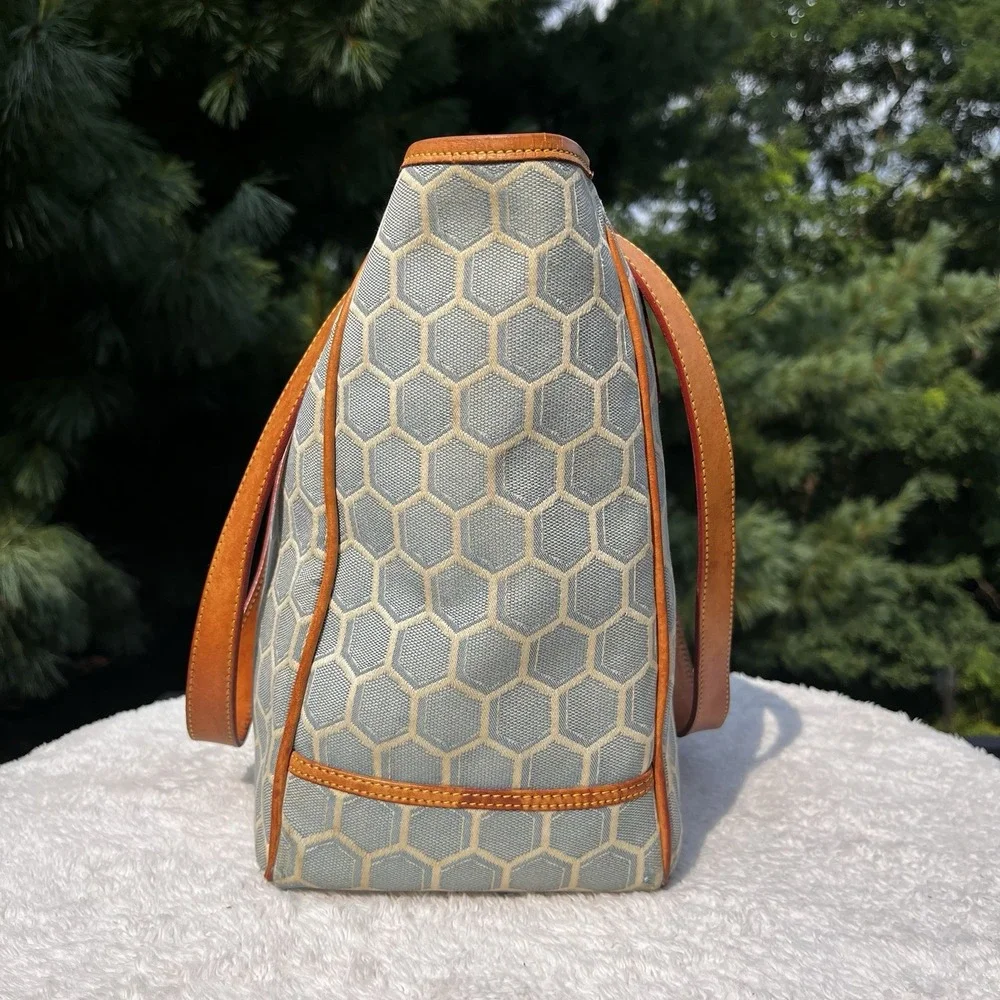 Vintage Dooney & Bourke USA Blue Woven Jacquard Leather Buckle Shoulder Tote